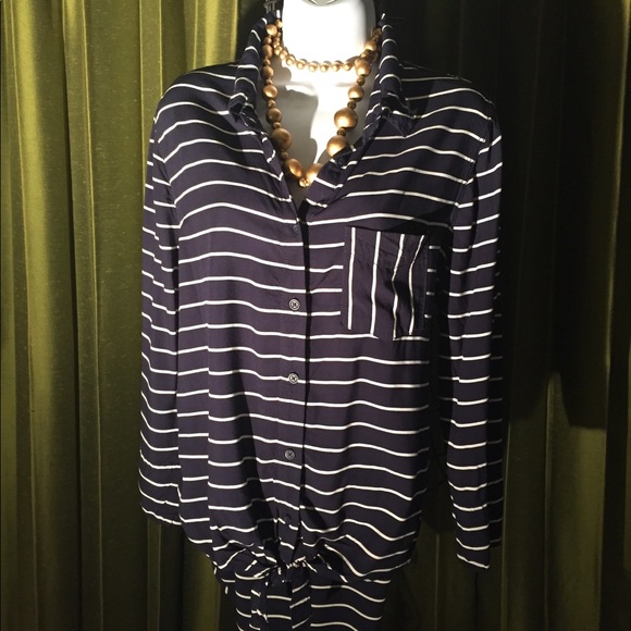 Anthropologie beachlunchlounge navy blue white stripe shirt blouse L - Picture 1 of 7